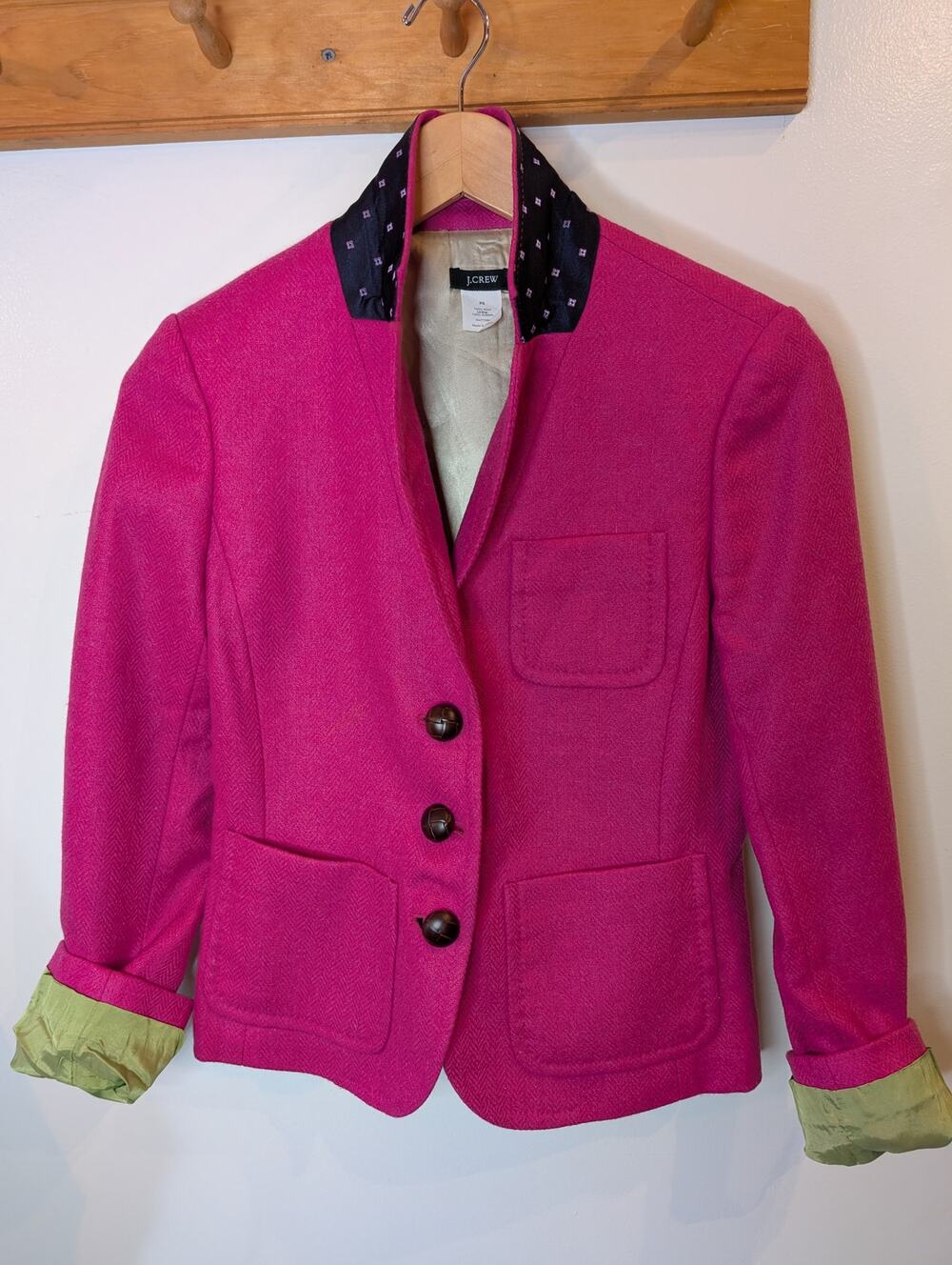 J.Crew Petite Pink Wool Herringbone Blazer Lime Lining Preppy Colorful P6